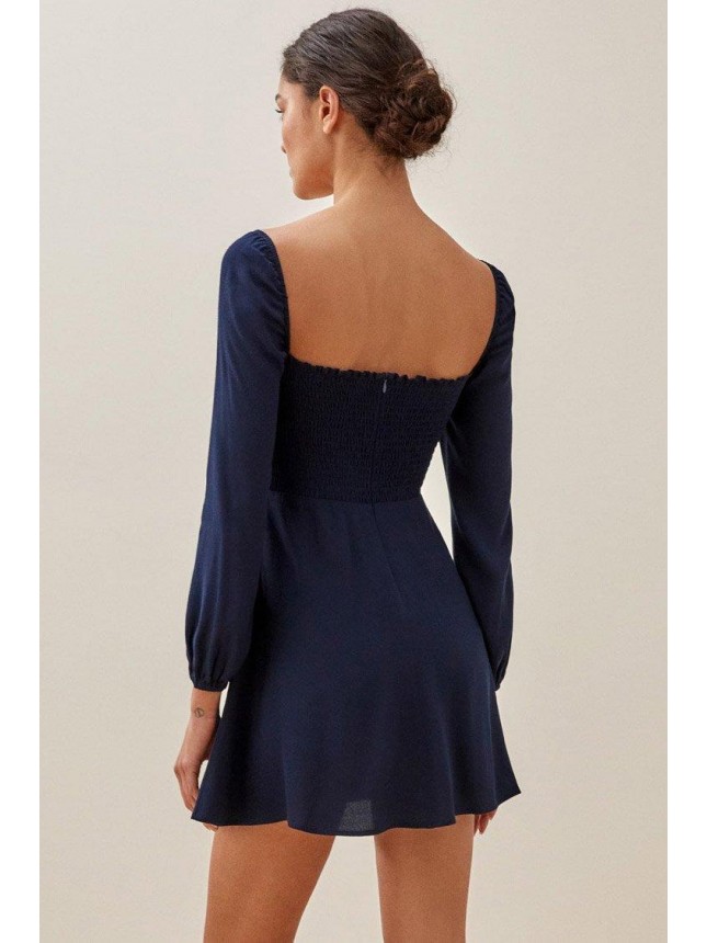 Long Sleeve Sweetheart Fit & Flare Chiffon Mini Dress – Navy Blue