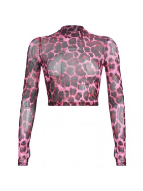 Pink leopard prints t shirt mesh top