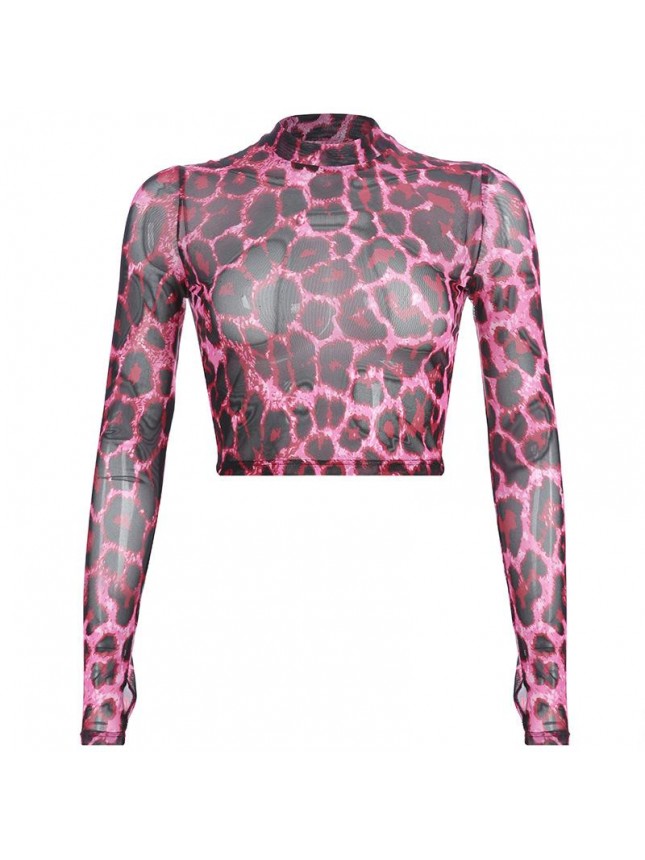 Pink leopard prints t shirt mesh top