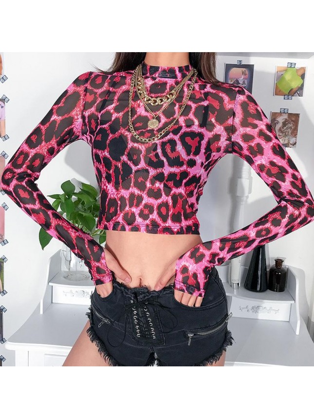 Pink leopard prints t shirt mesh top