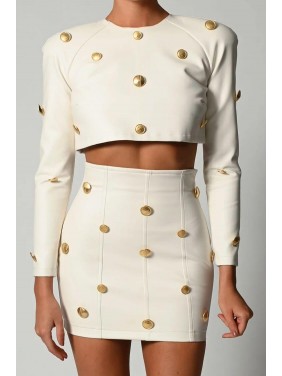 Long Sleeve Button Trim High Waist Mini Leather Two Piece Dress – White