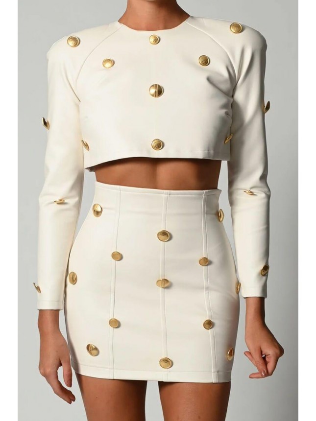 Long Sleeve Button Trim High Waist Mini Leather Two Piece Dress – White