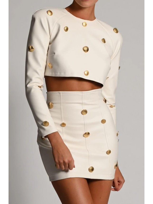 Long Sleeve Button Trim High Waist Mini Leather Two Piece Dress – White