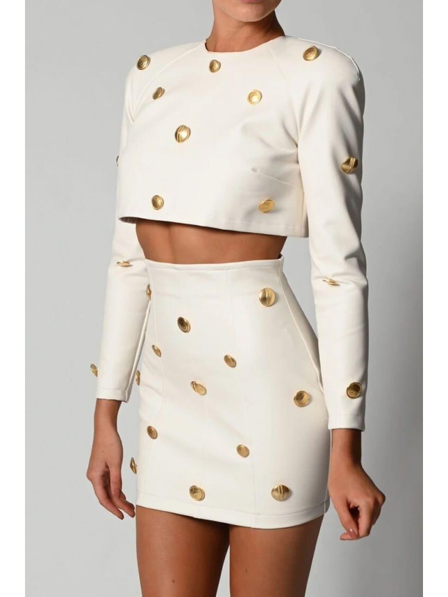 Long Sleeve Button Trim High Waist Mini Leather Two Piece Dress – White