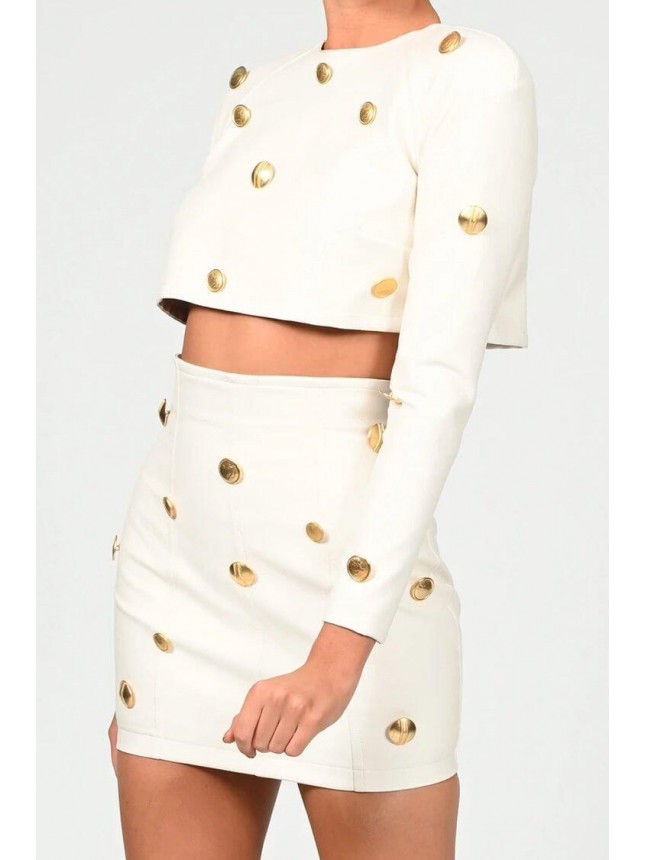 Long Sleeve Button Trim High Waist Mini Leather Two Piece Dress – White