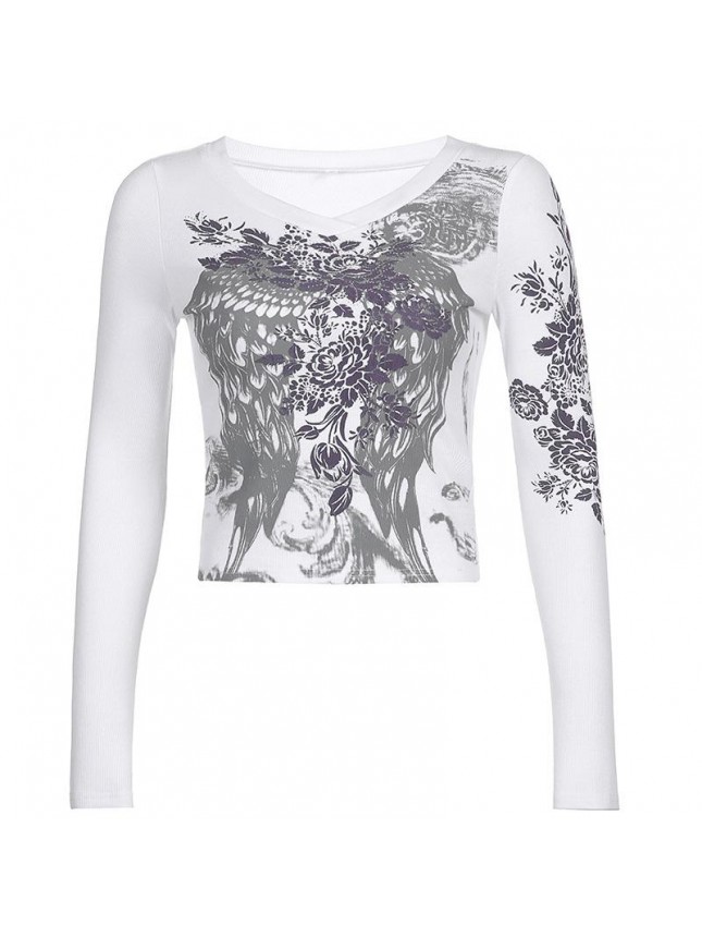 Rose Wing Shout Print Thread Long Sleeve Top T Shirt