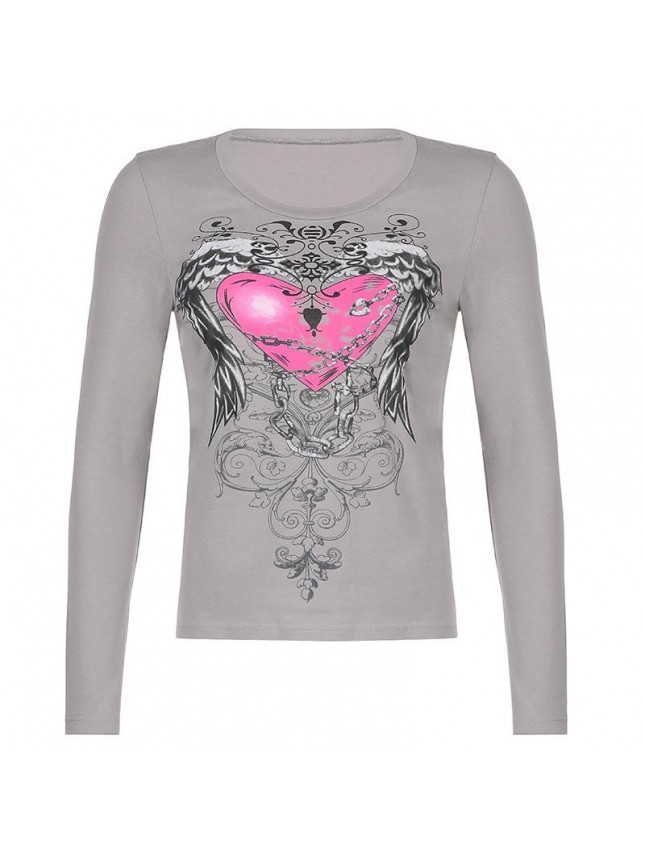 Rose Wing Shout Print Thread Long Sleeve Top T Shirt