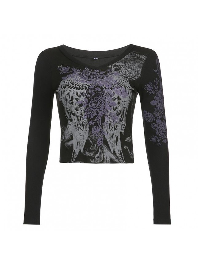 Rose Wing Shout Print Thread Long Sleeve Top T Shirt