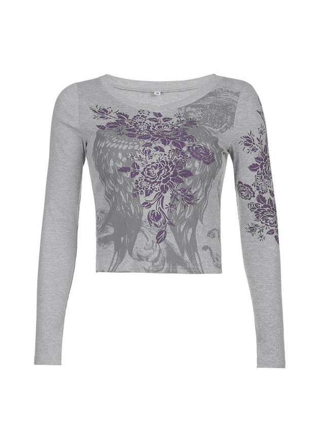 Rose Wing Shout Print Thread Long Sleeve Top T Shirt