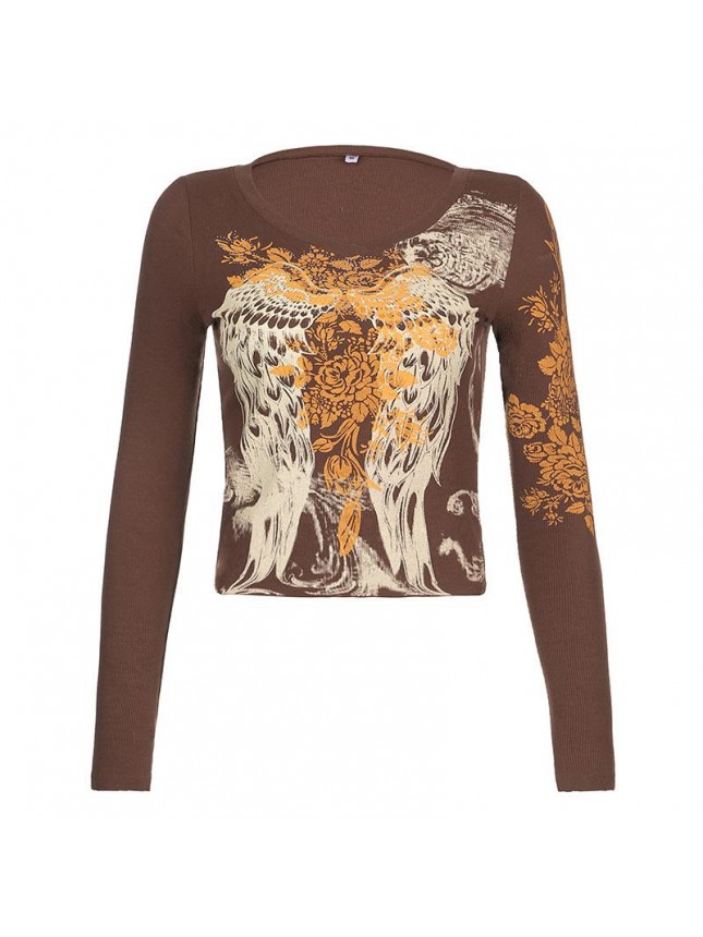 Rose Wing Shout Print Thread Long Sleeve Top T Shirt