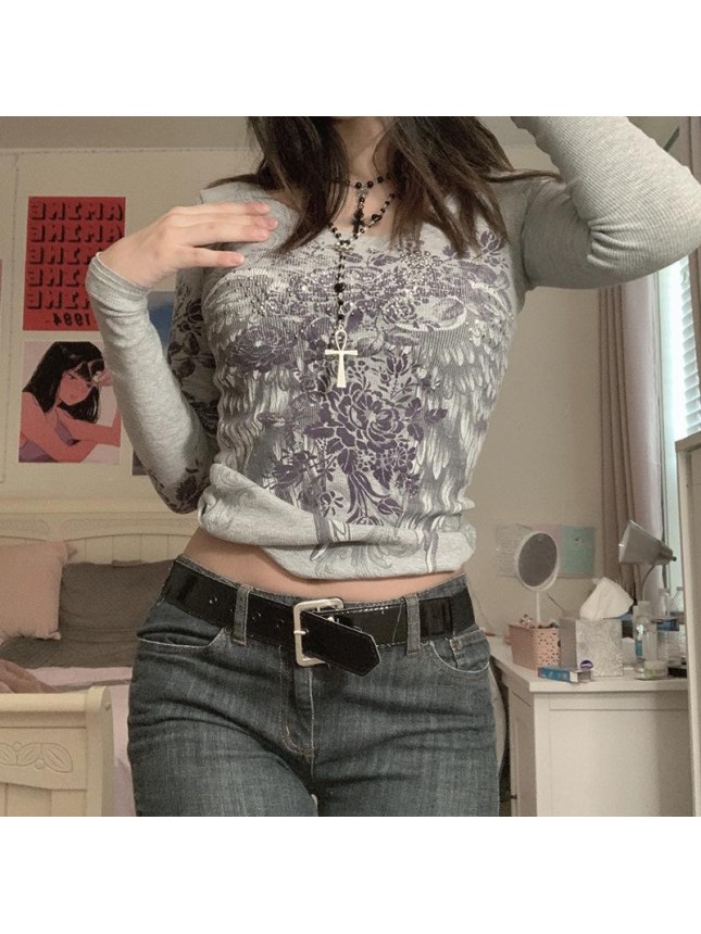 Rose Wing Shout Print Thread Long Sleeve Top T Shirt