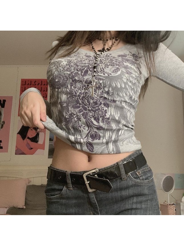 Rose Wing Shout Print Thread Long Sleeve Top T Shirt