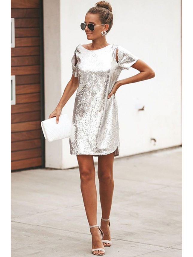 Glitter Short Sleeve V Back Sequin Mini Club Dress – Silver