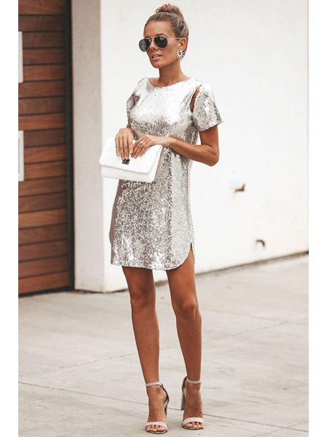 Glitter Short Sleeve V Back Sequin Mini Club Dress – Silver