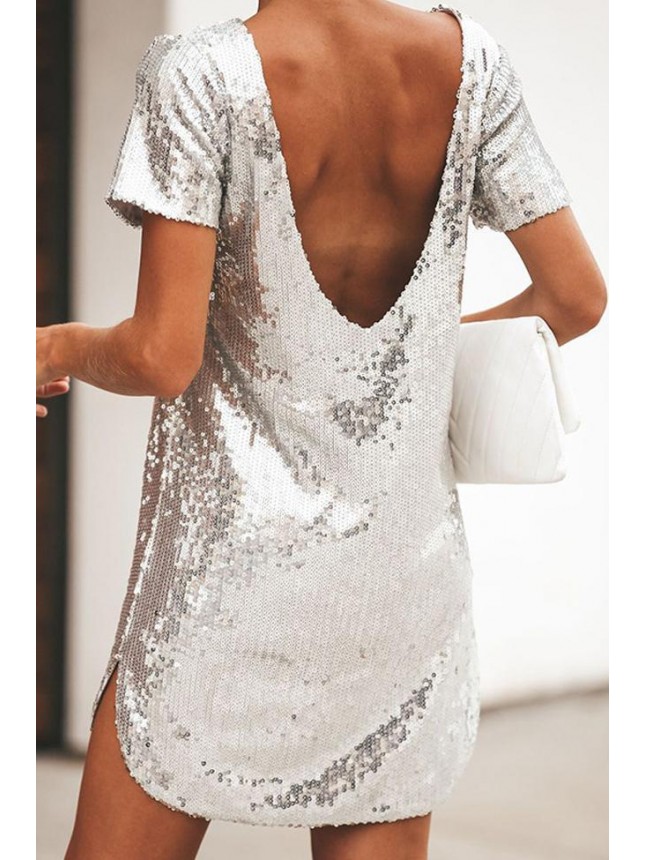 Glitter Short Sleeve V Back Sequin Mini Club Dress – Silver
