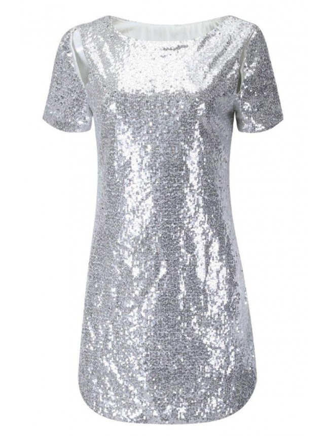 Glitter Short Sleeve V Back Sequin Mini Club Dress – Silver