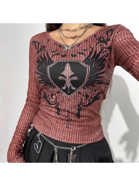 Tight warm retro wings print hot drill set knit bottoming top T shirt