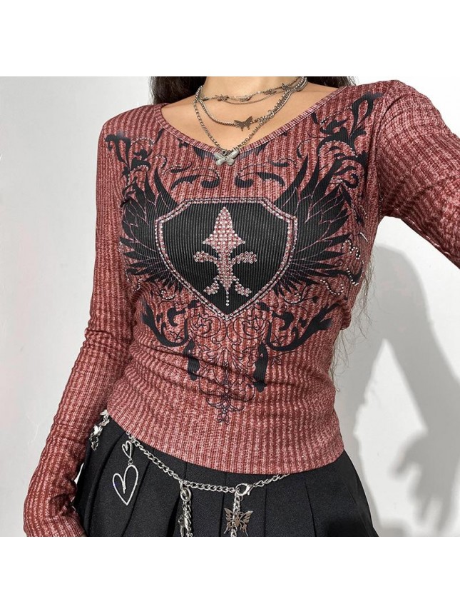 Tight warm retro wings print hot drill set knit bottoming top T shirt