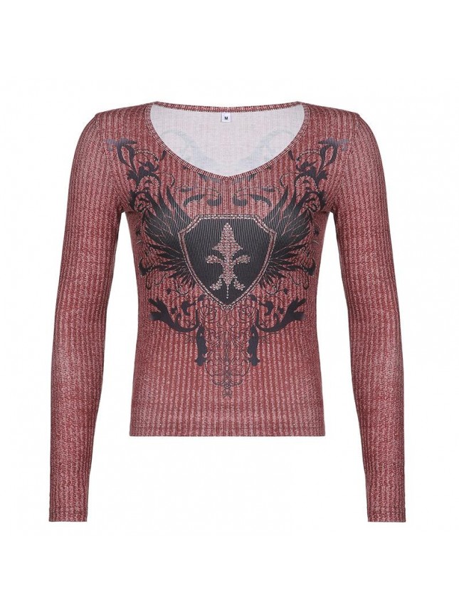Tight warm retro wings print hot drill set knit bottoming top T shirt