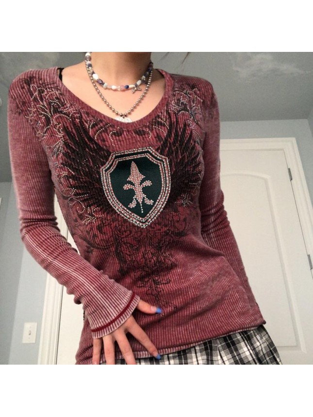 Tight warm retro wings print hot drill set knit bottoming top T shirt