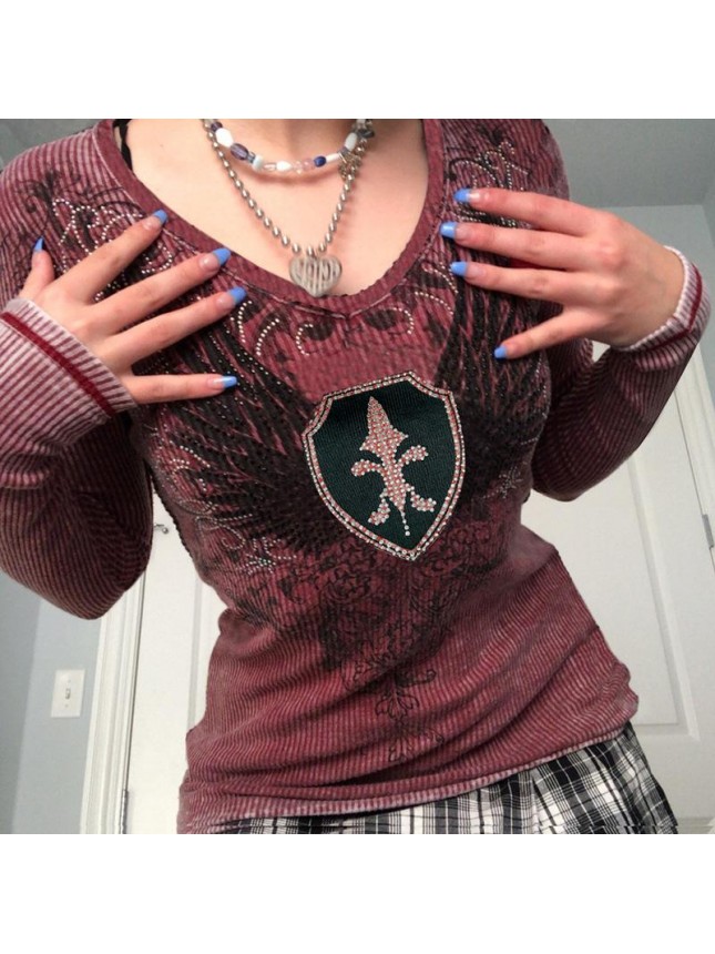 Tight warm retro wings print hot drill set knit bottoming top T shirt
