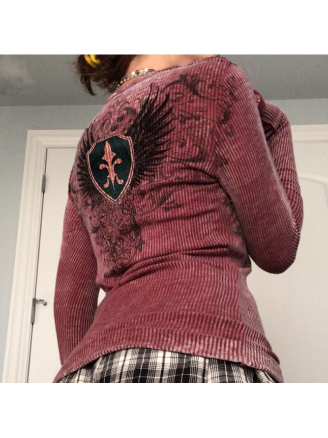 Tight warm retro wings print hot drill set knit bottoming top T shirt