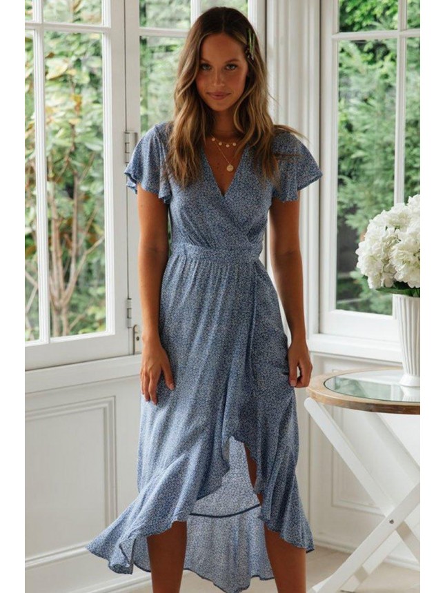 High Low Ditsy Floral Wrap Beach Vacation Dress – Blue