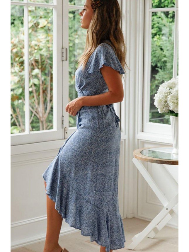 High Low Ditsy Floral Wrap Beach Vacation Dress – Blue