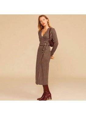 Chijo check print lace knit long sleeve dress