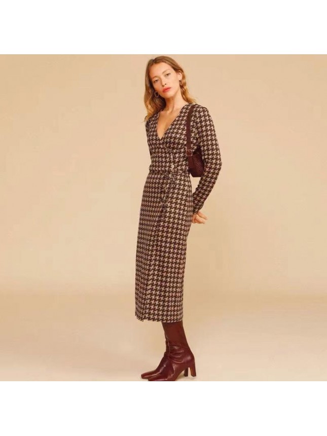 Chijo check print lace knit long sleeve dress