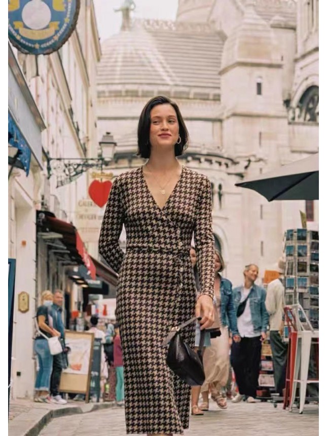Chijo check print lace knit long sleeve dress
