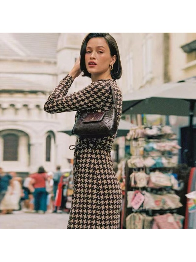 Chijo check print lace knit long sleeve dress