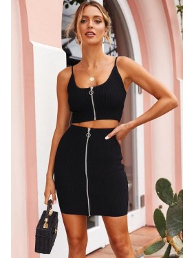 Ribbed Zip Front High Waist Bodycon Two Piece Dress – Black