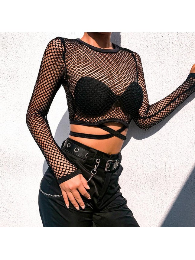 Mesh hollow perspective T shirt top