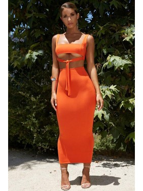 High Waist Tie Front Bodycon Maxi Two Piece Dress – Orange