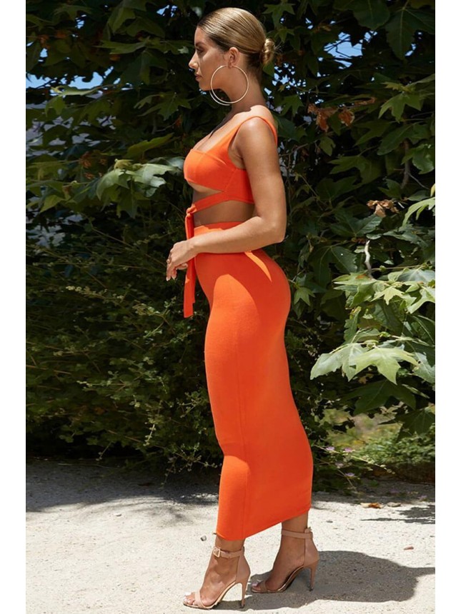High Waist Tie Front Bodycon Maxi Two Piece Dress – Orange