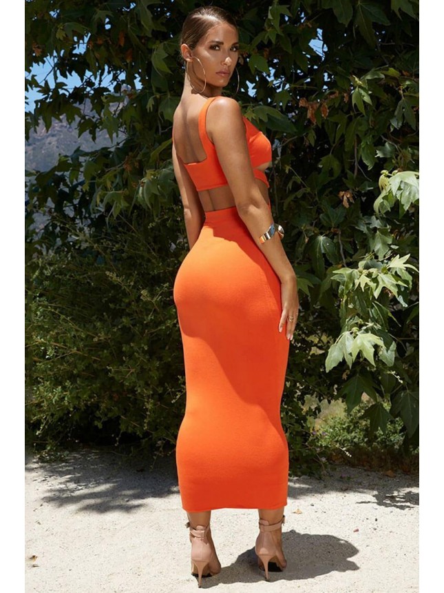 High Waist Tie Front Bodycon Maxi Two Piece Dress – Orange