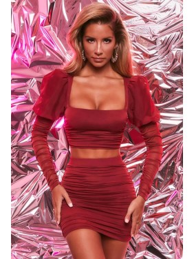 Puff Sleeve Mesh Ruched Mini Two Piece Dress – Red