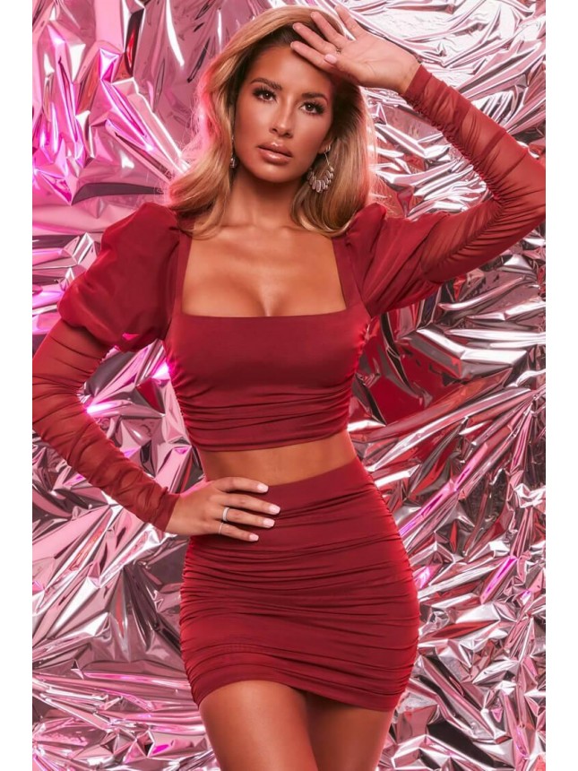 Puff Sleeve Mesh Ruched Mini Two Piece Dress – Red