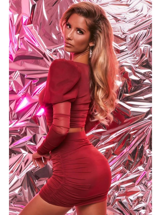 Puff Sleeve Mesh Ruched Mini Two Piece Dress – Red
