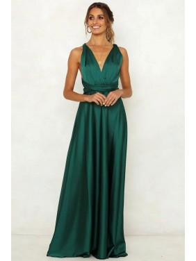 Infinity Backless V Neck Satin Maxi Prom Formal Dress – Emerald Green
