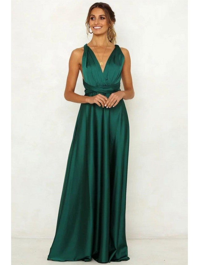 Infinity Backless V Neck Satin Maxi Prom Formal Dress – Emerald Green