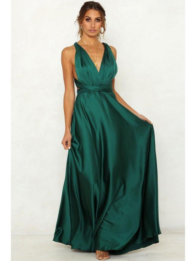 Infinity Backless V Neck Satin Maxi Prom Formal Dress – Emerald Green