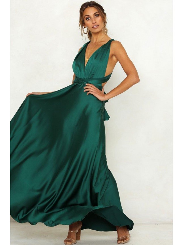 Infinity Backless V Neck Satin Maxi Prom Formal Dress – Emerald Green