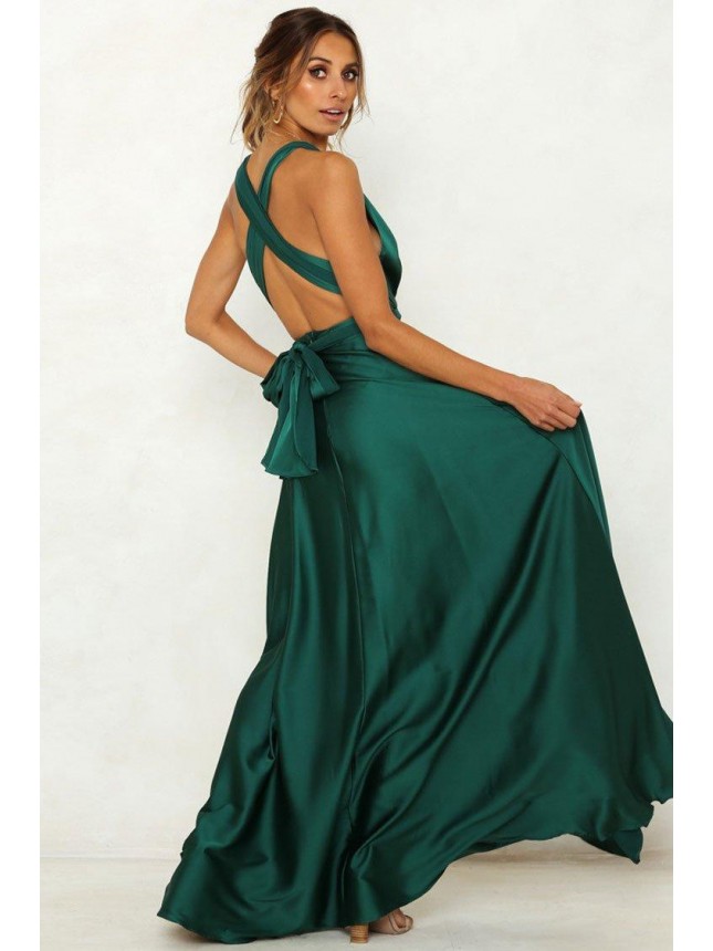 Infinity Backless V Neck Satin Maxi Prom Formal Dress – Emerald Green
