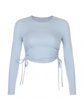 Irregular side drawstring long sleeved T shirt short top