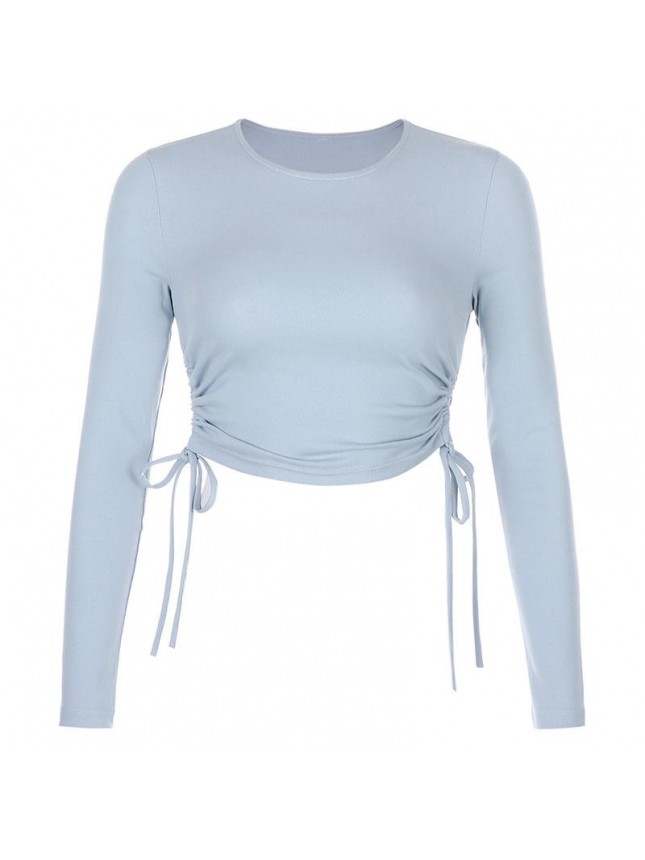 Irregular side drawstring long sleeved T shirt short top