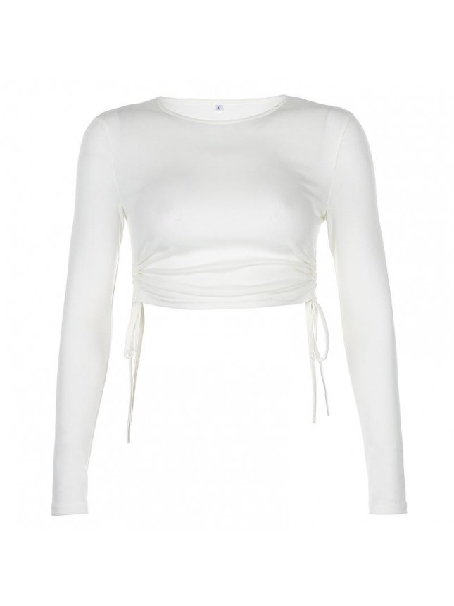 Irregular side drawstring long sleeved T shirt short top