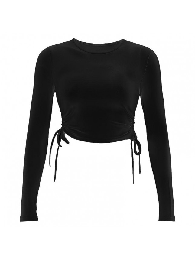 Irregular side drawstring long sleeved T shirt short top