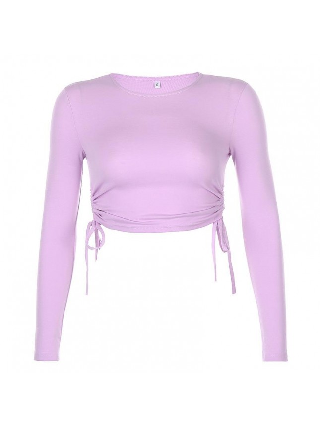 Irregular side drawstring long sleeved T shirt short top